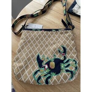 Vera Bradley Toucan Party Straw Woven Crossbody Bag Blue Crab Applique Pineapple
